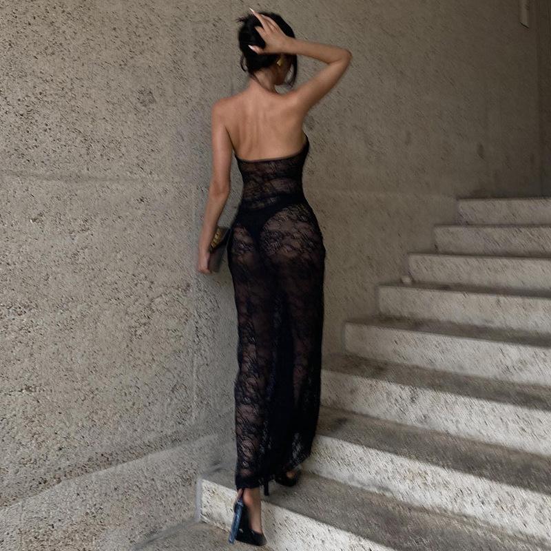 Summer New Women's Fashion Sexy Chest Wrapped Lace See-through Slim Hip Dress