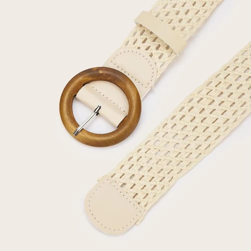 Round Buckle Waist Belt Straw Braided Belt Retro Woven Waistband for Holiday