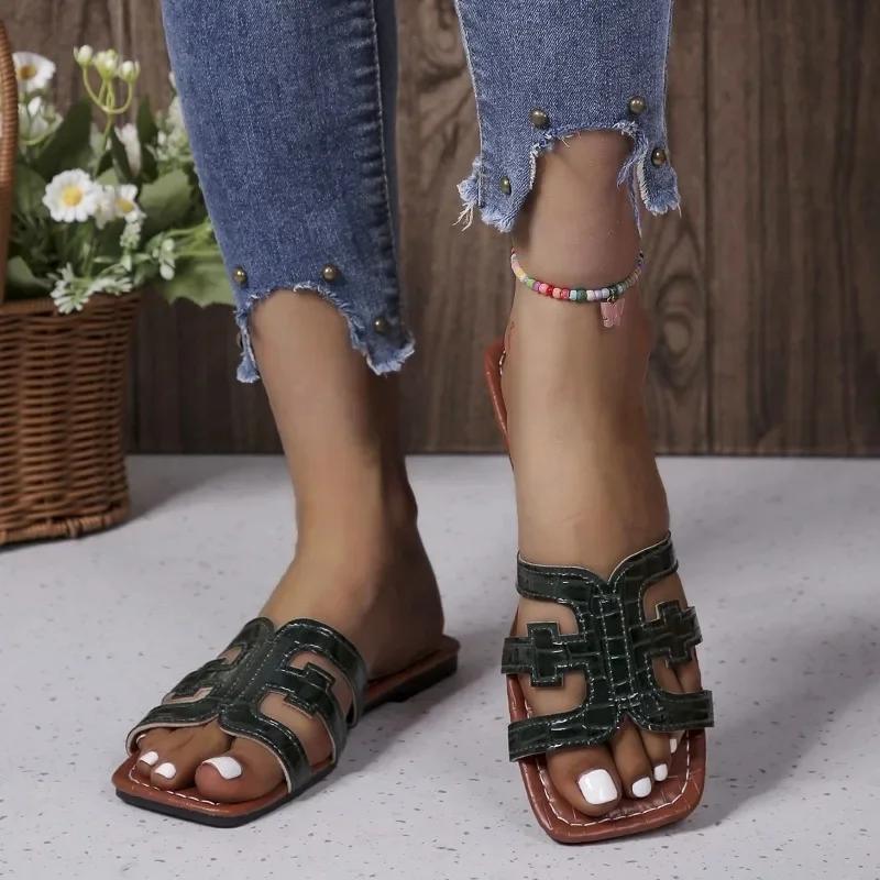 Letnie damskie płaskie kapcie z kwadratowym noskiem, retro, casualowe buty plażowe dla kobiet, outdoorowe, plus size, sandały damskie, buty damskie typu slide