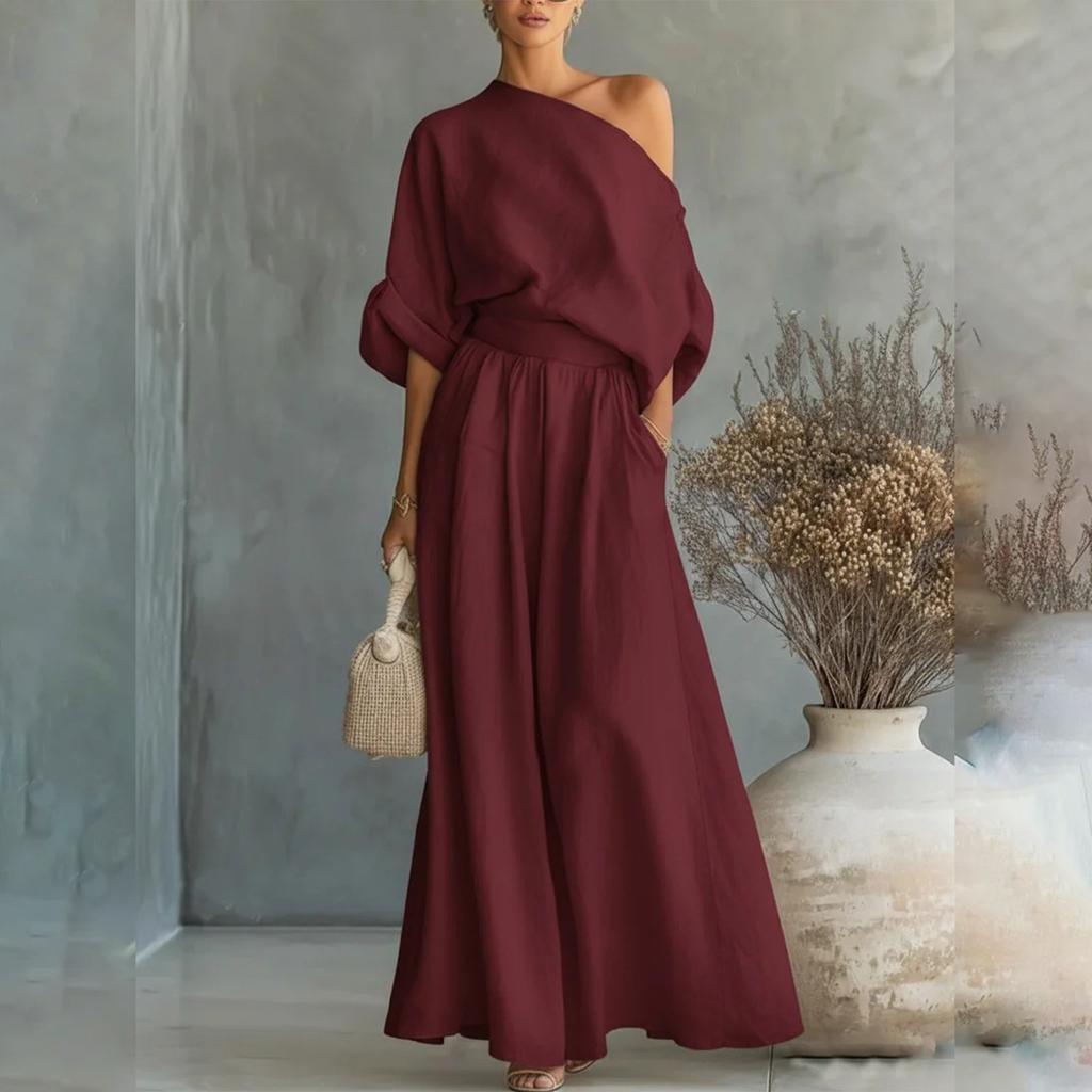 Conjunto de Dos Piezas Elegante para Mujer: Top de Hombros Descubiertos con Cinturón y Pantalones