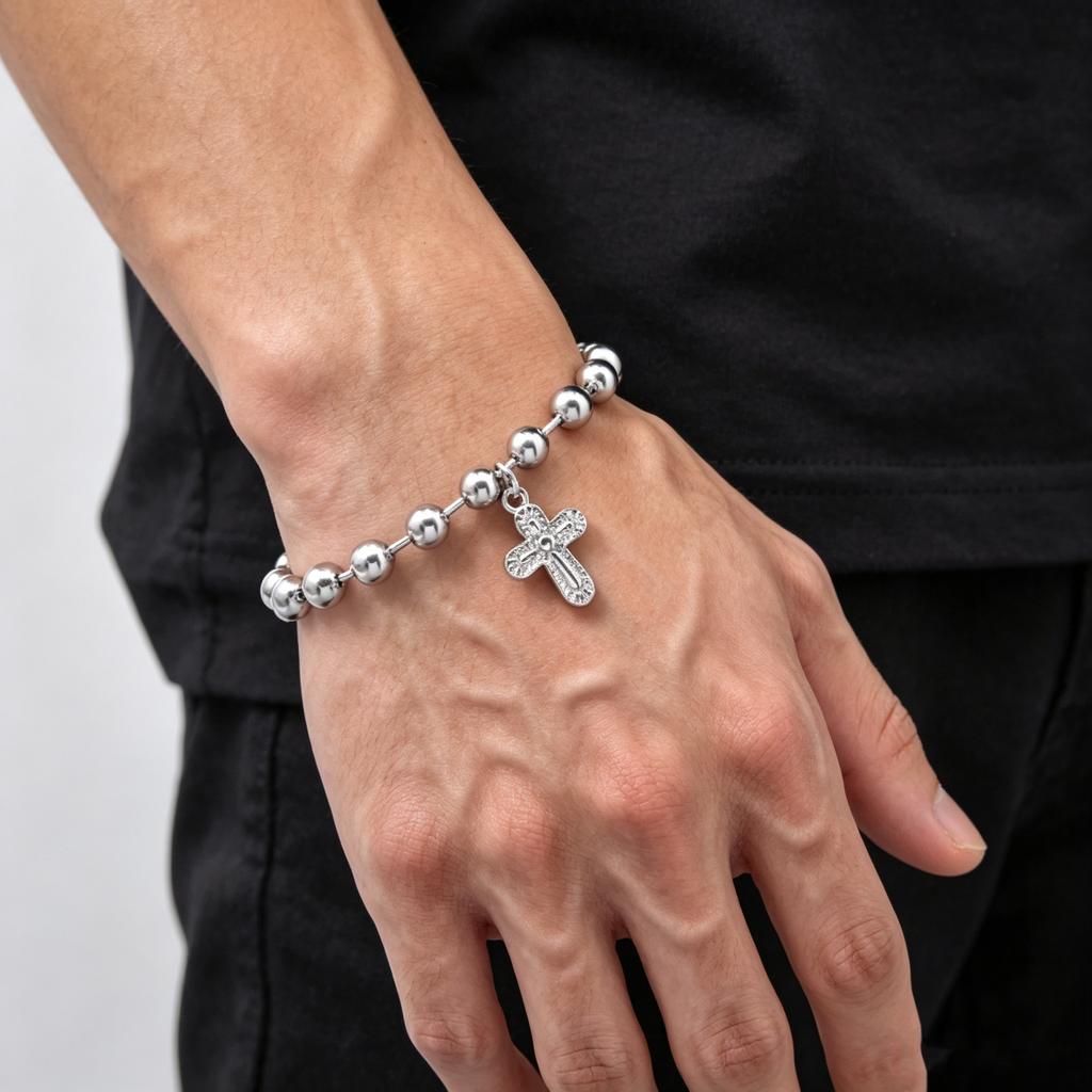 Silver Color Rosary Beads Chain Cross Pendant Bracelets, Stainless Steel Wristband Bracelet, Jewelry for Men Father's Day Gift