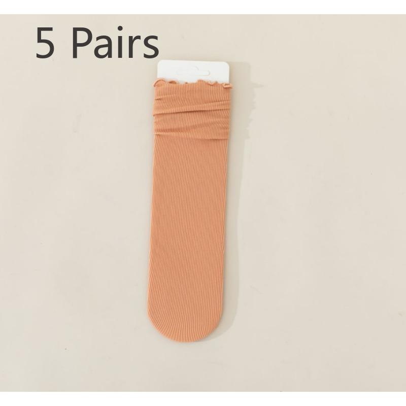5 pairs of socks women's summer thin mid-calf black and white wooden ear edge solid colour ice ice socks velvet stacking socks