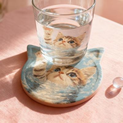 Yousheng 1/6 Stück Keramik-Getränkeuntersetzer mit Cartoon-Katzen-Motiv, Wasserabsorbierend, Fantasy-Atmosphäre, Untersetzer, Heimküchendekor