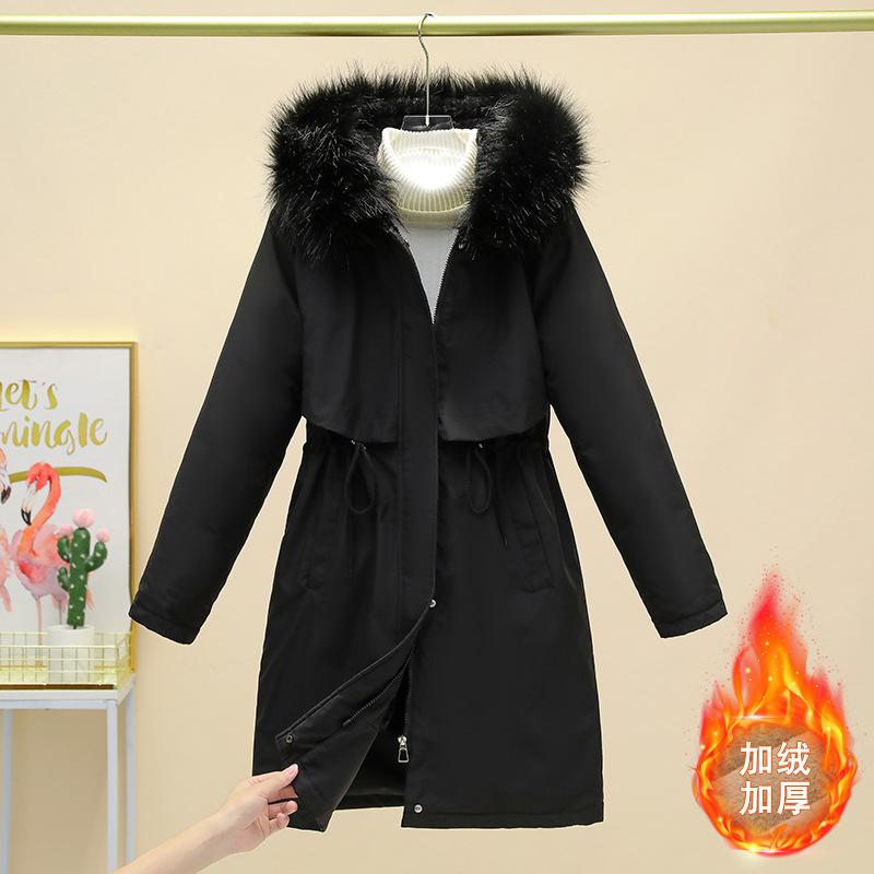 

Флис и более толстый пирог преодолевают женскую новую хлопковую одежду 2025 года, женское зимнее пальто средней длины, свободного кроя, с большим меховым воротником M чёрный