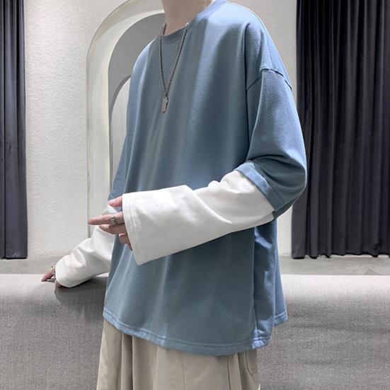 Men Autumn Tops Fake Two-pieced Color Block Pullover Contrast Colors Round Neck Loose Young Style Casual Crew Neck Spring Tops Men Clothes