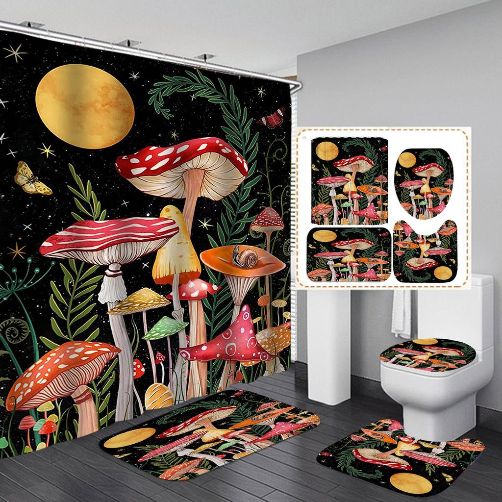 Fantasy Forest Fabric Shower Curtain Set Night Mysterious Jungle Full Moon Lake Vine Mushroom Butterfly Fairy Tale Bathroom Set