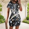 Women Plus Size Round Neck Short Sleeve Black Grey Abstract Printed Fitted Mini Dress