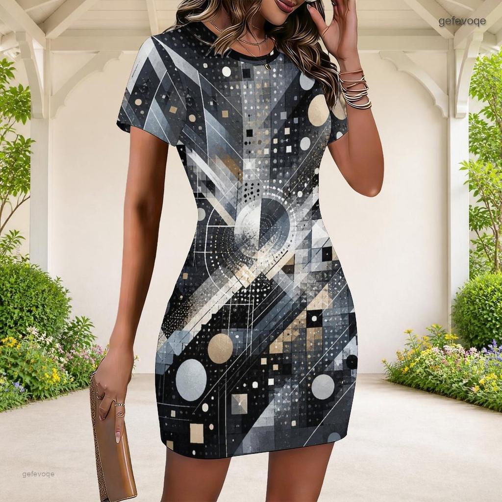 Women Plus Size Round Neck Short Sleeve Black Grey Abstract Printed Fitted Mini Dress