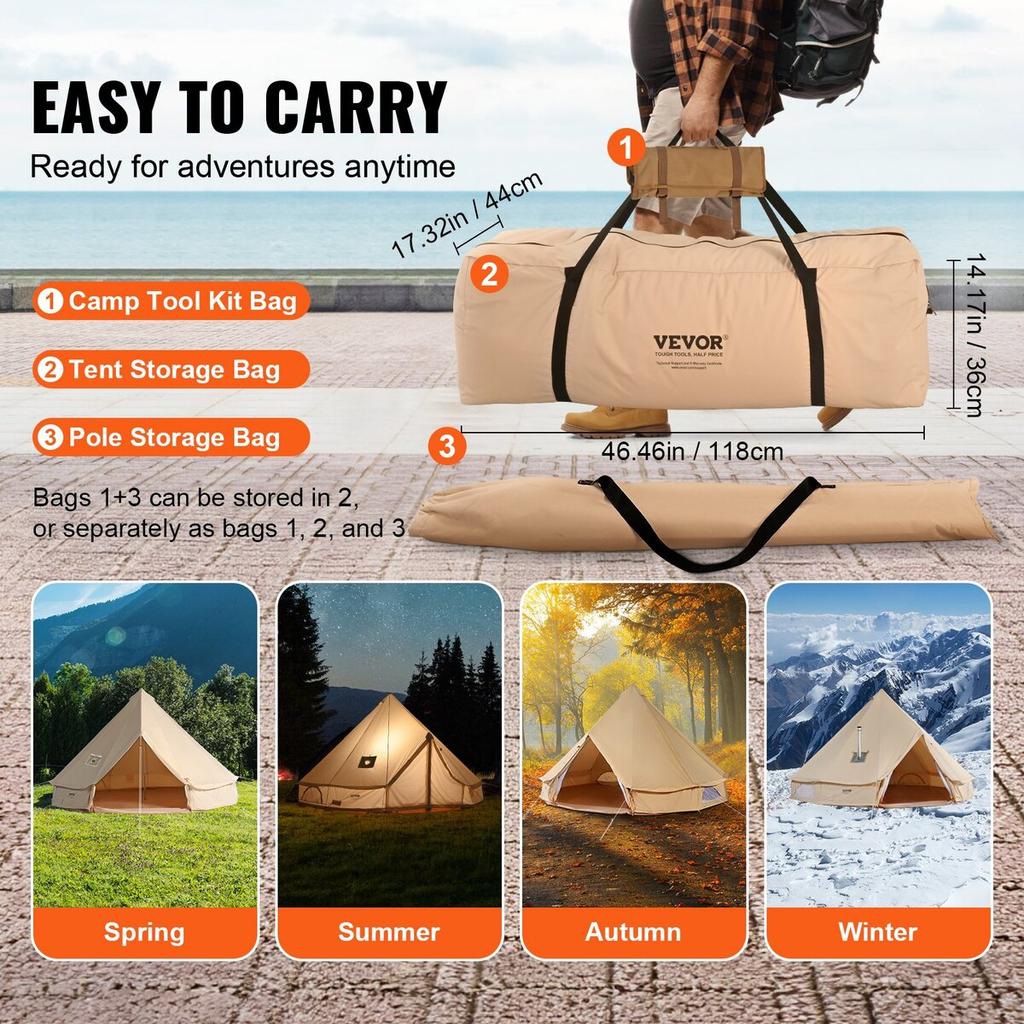 Canvas Bell Tent, 4 Seasons 7 M/22.97 Ft Yurt Tent, Canvas Tent for Camping with Stove Jack, Breathable Tent Holds Up To 12 People, Family Camping