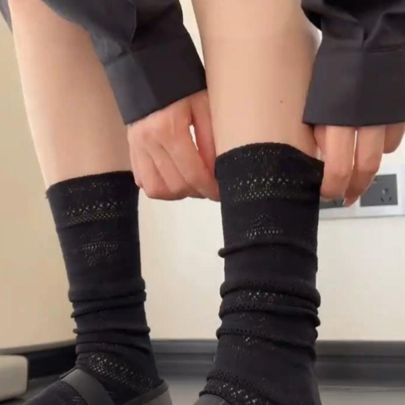 1 Pairs Women Lace Trimmed Knee High Socks Summer Hollow Out Design Lightweight Breathable Soft Comfortable Casual Socks