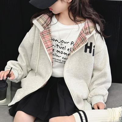 Girls' Autumn Hooded Plaid Jacket, Big Children's Korean Style Long-sleeved Zipper Cardigan Top Trend