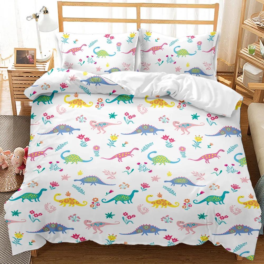 Cartoon Dinosaur Duvet Cover Kawaii Dinosaurs Bedding Set Jungle Ancient Animals Comforter Cover For Girls Boys Full King Size