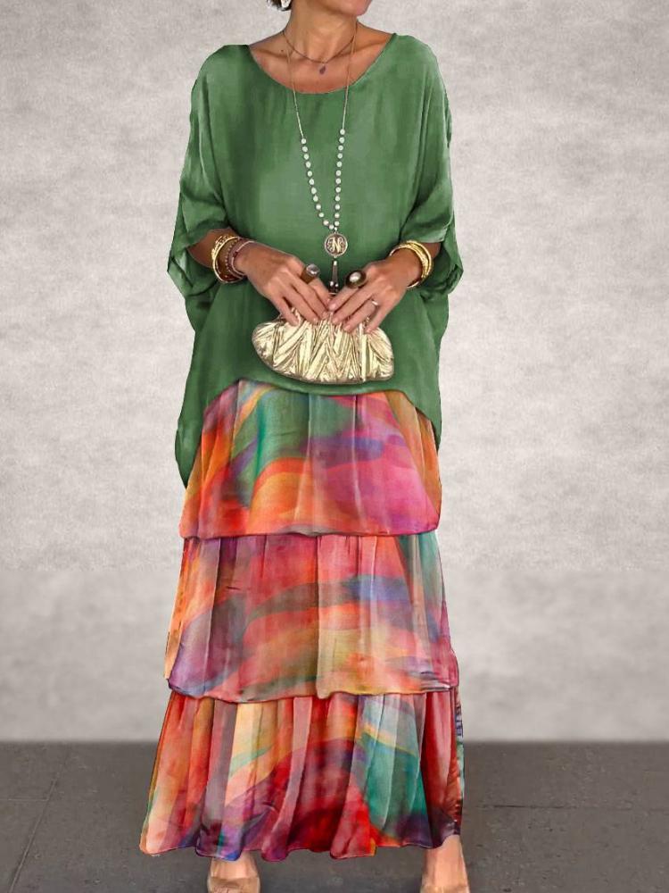 

Женская зеленая многоярусная свободная блузка с подходящим комплектом юбки, многослойный, повседневный бохо-наряд 4XL