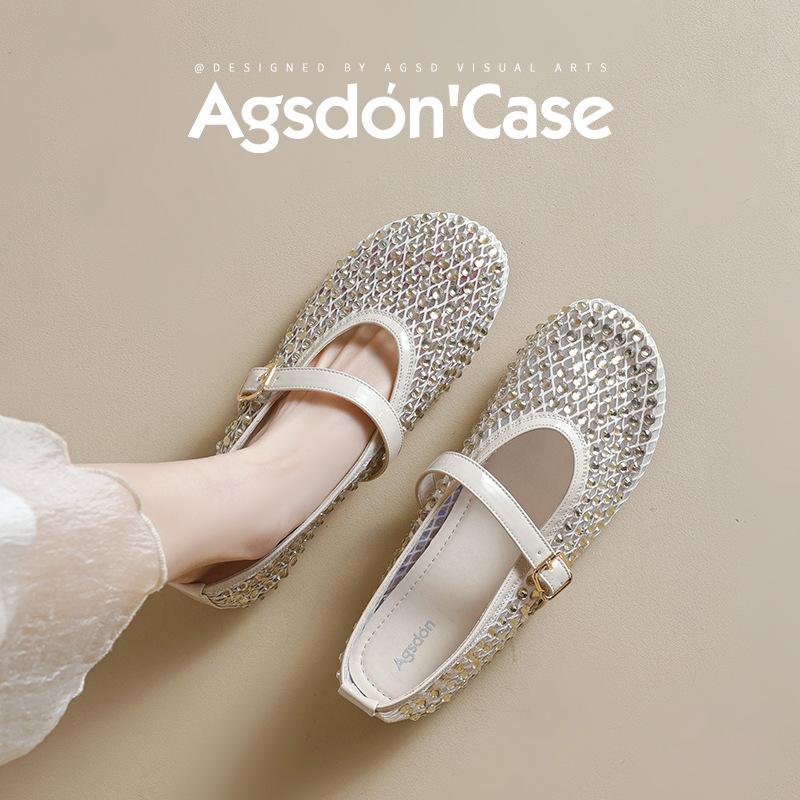 Augusteng Baotou Sandals Women's 2025 New Summer Wear Rhinestone Flat Bottom Mesh Hollow Mary Jane Shoes