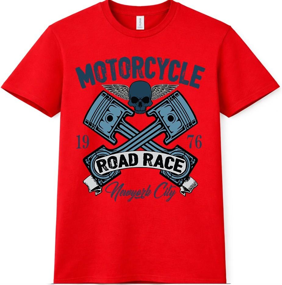 Motorcycle T-Shirt Road Race Skull Wings Crossed Pistons Biker Tee 4XL