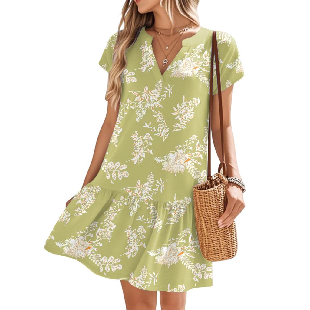 Damenkleider Kurzarm V-Ausschnitt Blumendruck Locker Lässig Temperament Strandkleider