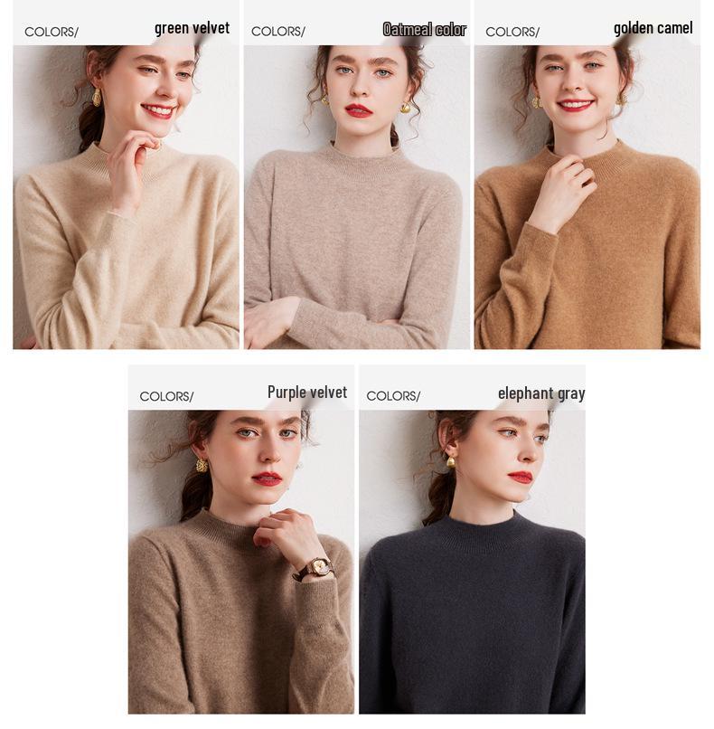 Women's Pure Cashmere Semi-High Neck Sweater - Autumn/Winter High-Quality Knit Base Layer
