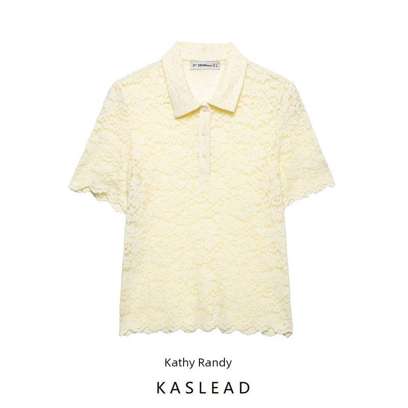 Kaslead New Arrival Women's Fashion Style Stylish Simple and Versatile Lace Short Sleeve Shirt 3067057