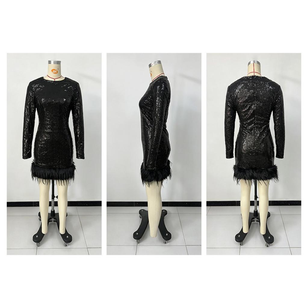 Women's European & American Sexy Formal Dress, Long Sleeve Solid Color Sequins Feather Evening Party Gown, Round Neck Cocktail Dress