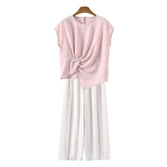 

Elegant 2026 Summer Two-Piece for Middle-Aged Women - Stylish Short-Sleeved Top 5XL рожевий