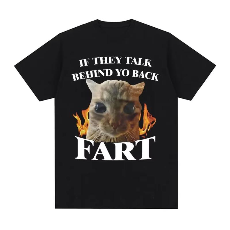 Unisexs fashion short sleeved casual Womens Tshirt top retro cat fart fun cat model printed Tshirt S