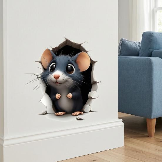 Waterproof PVC Wall Mural 3D Break Through Mouse Decal, Cute Rat Sticker, Versatile Room Ornament Self-Adhesive Removable Art Decor for Home