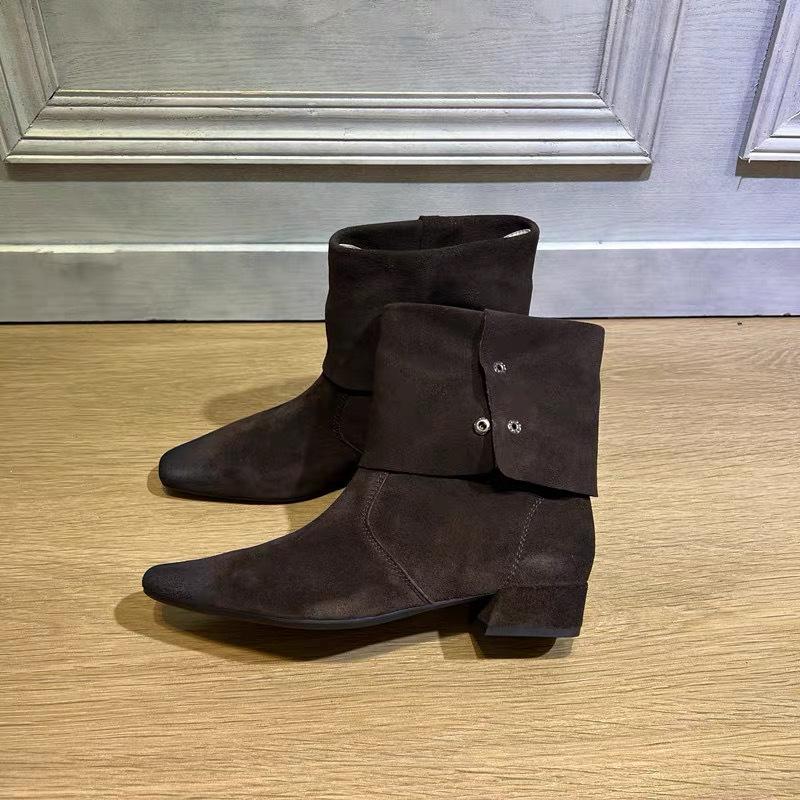 Sheepskin version~ Retro belt buckle small square head folded two wear medium boots western cowboy boots women's thick heel knight boots