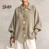 Frühling Herbst Pullover Damen Oversized Strick Cardigan Pullover, Hemdkragen Oberteil mit Großen Metall Freizeitknöpfen, Lockere Fledermausärmel für Weiche Hautfreundlichkeit