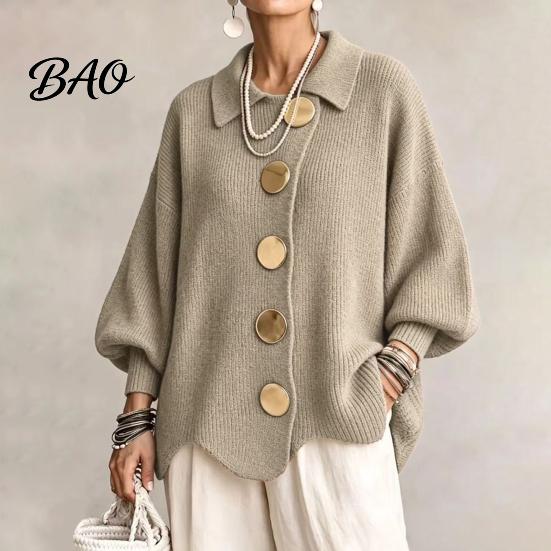 Frühling Herbst Pullover Damen Oversized Strick Cardigan Pullover, Hemdkragen Oberteil mit Großen Metall Freizeitknöpfen, Lockere Fledermausärmel für Weiche Hautfreundlichkeit