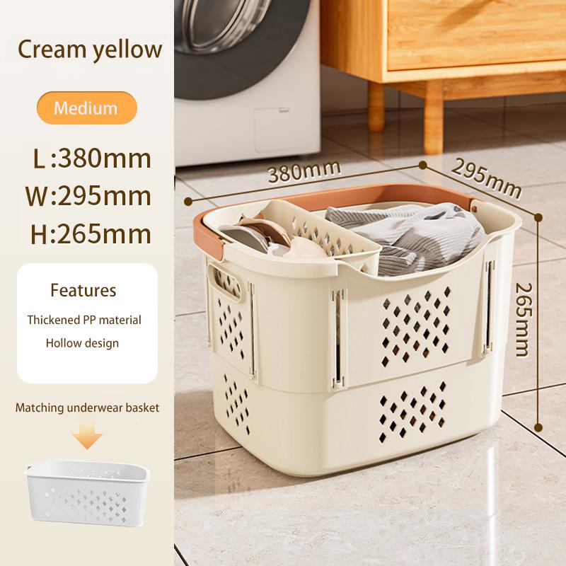 Collapsible Plastic Laundry Basket with Handles and Side Containers - Space-Saving Laundry Basket for Laundry Rooms, Bathrooms,