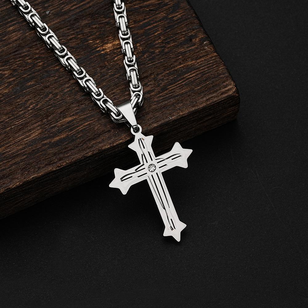 304Stainless Steel Cross Pendant Three-Layer Titanium Steel Necklace Unisex Hip-Hop Knit Chain Accessories