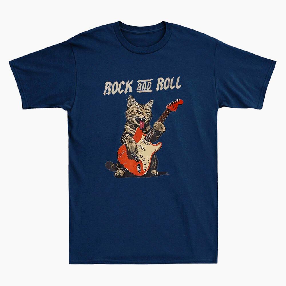 Rock and Roll Guitar Cat Tshirt Funny Cat Playing Guitar Graphic Vintage Mens TShirt Men Summer Crewneck Cotton Short Sleeve