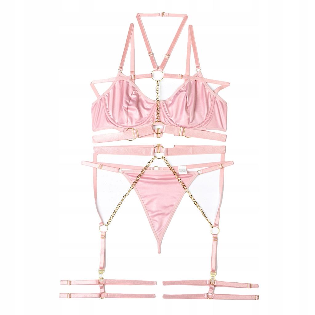 Sexy Women's Underwear Set: Bra, Belts, Chains, Thongs, Pink M