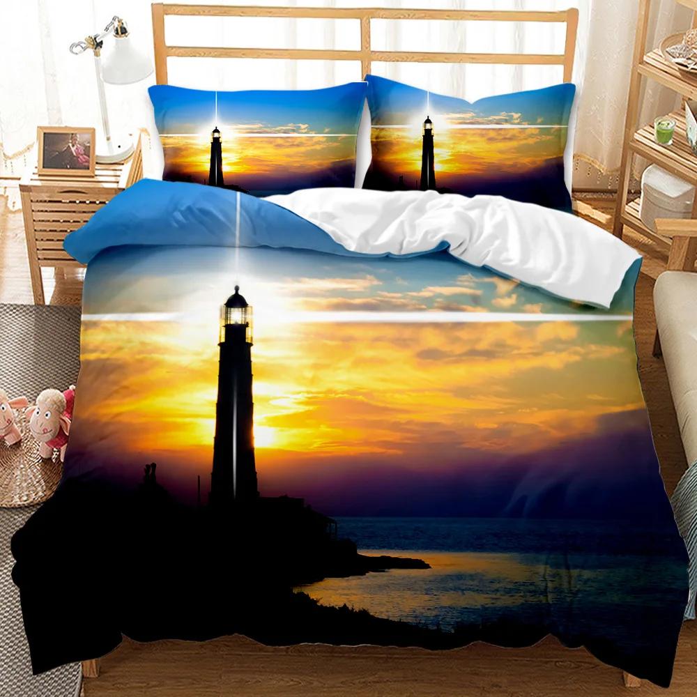 Lighthouse Duvet Cover Ocean Comforter Cover Nautical Quilt Cover Sunset Nature Double Queen King Size Polyester Bedding Set