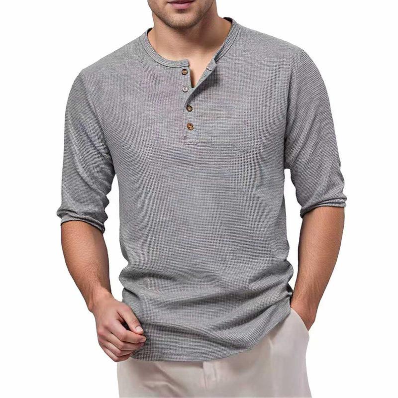Men's Waffle Knit Henley Neck Long Sleeve Casual Solid Color T-Shirt