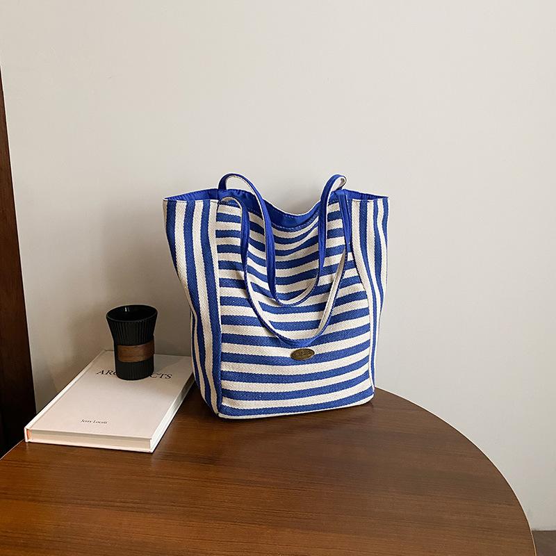 Double-sided dual-purpose cloth bag, striped niche large-capacity lazy literary tote bag, casual one-shoulder underarm bag, women