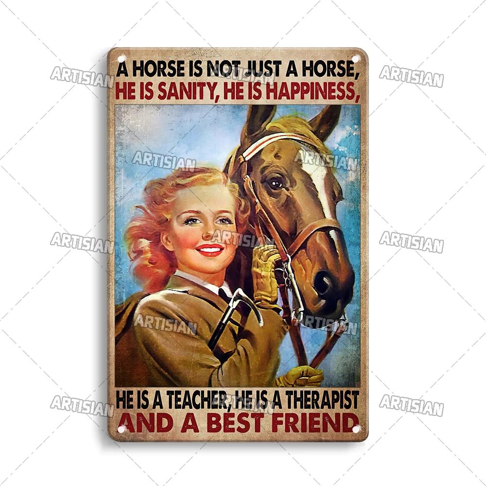 ARTISAN Verwittertes Mädchen und Pferd Kunst Metallposter Vintage Wandplatte Klassischer Sport Metallplakette Bar Café Garage Wanddekor Schild