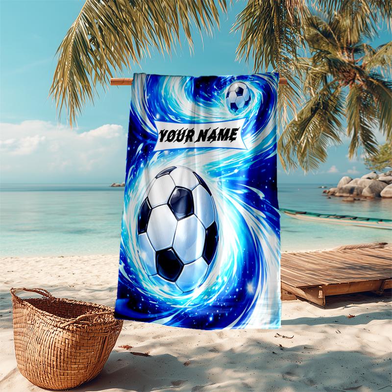 1PC Custom Name Soccer Ball Blue Swirls Beach Towel Highly Absorbent And Sand-Resistant Towel for Swimming, Pool, Yoga, And Travel Lightweight