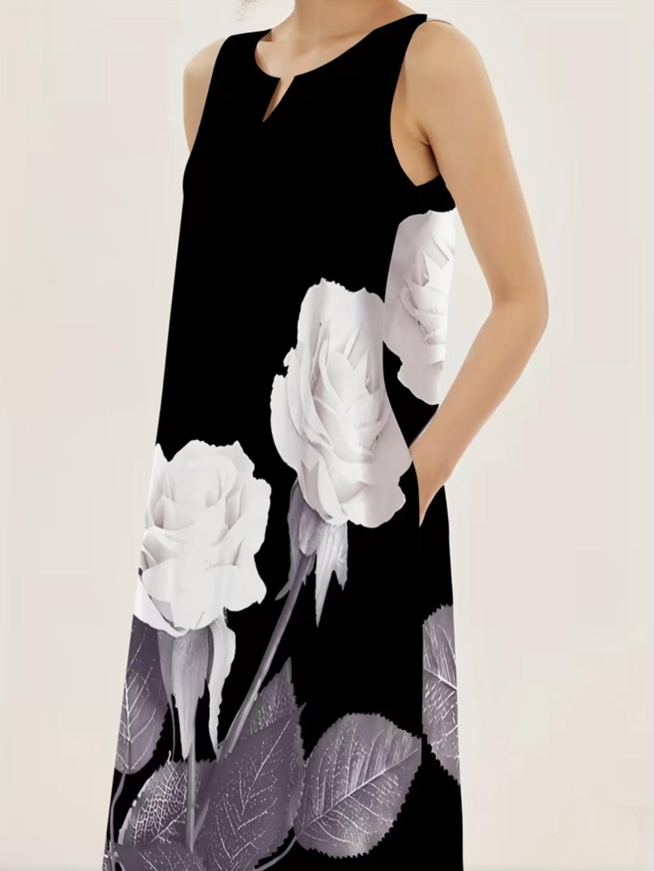 European & American 3D Floral Sleeveless Cutout V-Neck Knit Dress XL чёрный