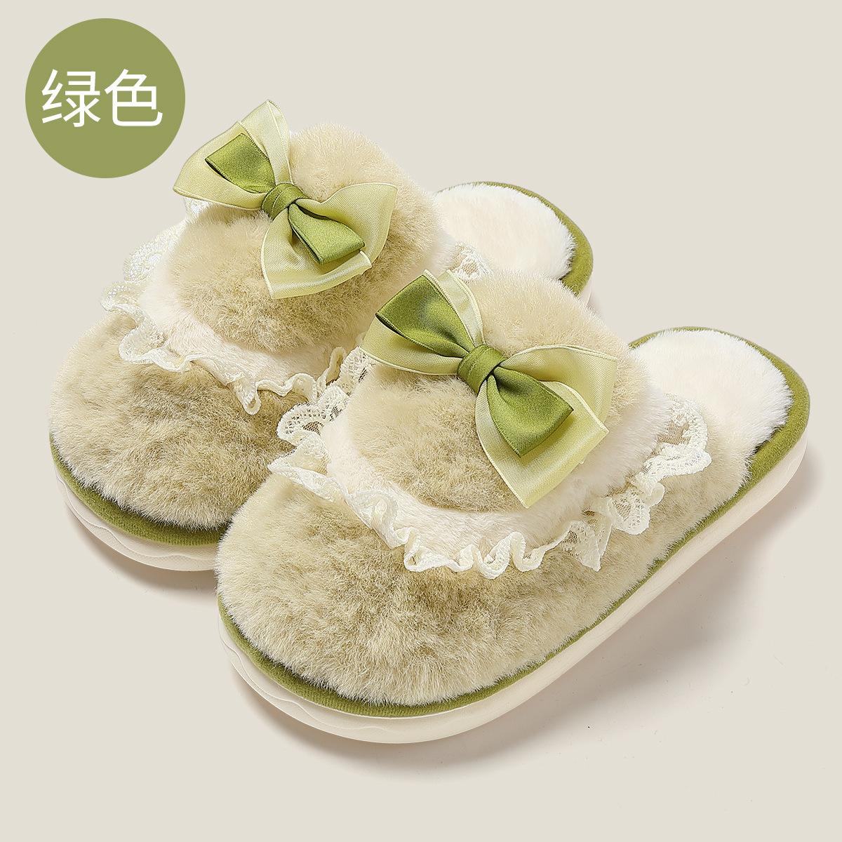 

Bow-tie fluffy slippers women s winter couple indoor home household men s plush warm winter fluffy slippers men 36-37 Suitable for 35-36 inner length 23cm зелений
