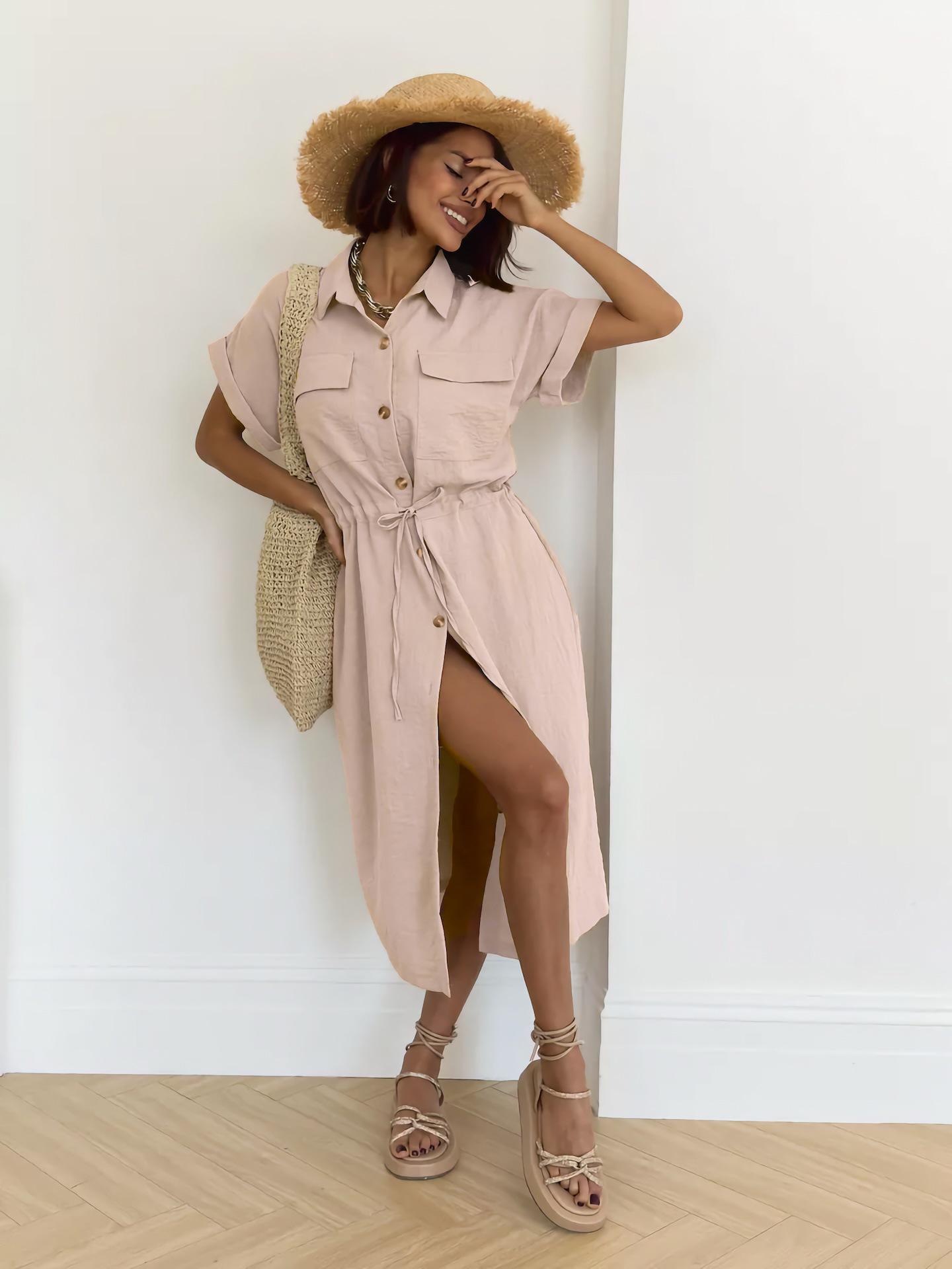 

European & American French Summer Luxury Casual Lapel Short-Sleeved Dress for Women XL