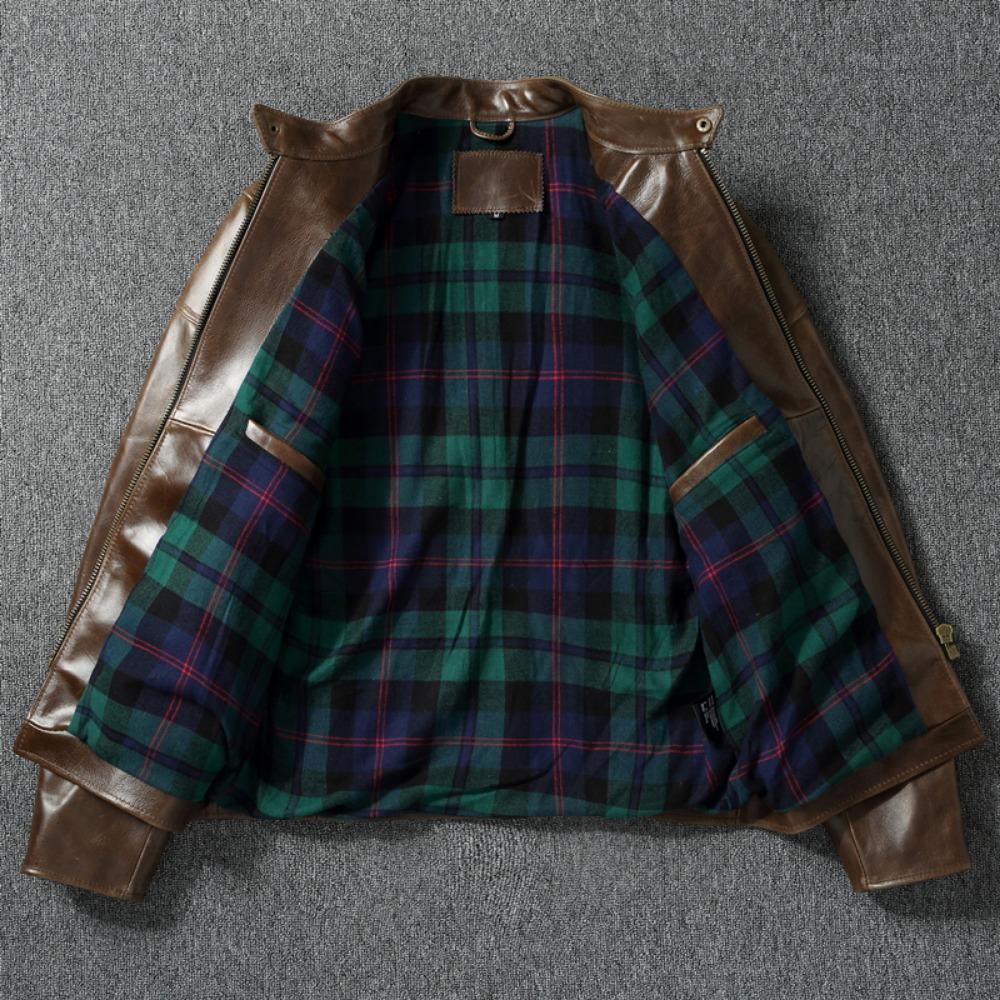 Chinese Size Style RL Top Layer Oil Waxed Cowhide Real Leather Jacket Men Stand Collar Brown Coat Men's Biker Jacket Spring Autumn