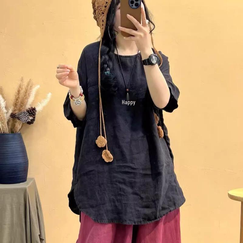 Korean Style Loose-Fit Retro Ramie Short Sleeve T-Shirt for Women - Plus Size, Mid-Length, Washed Linen