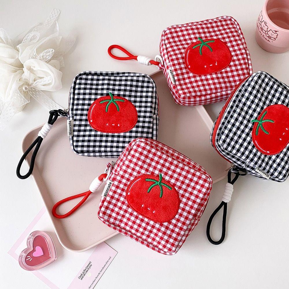 Square Small Makeup Bag Tomato Plaid Mini Organizer Bag  CCD Camera Sanitary Napkin Lipstick