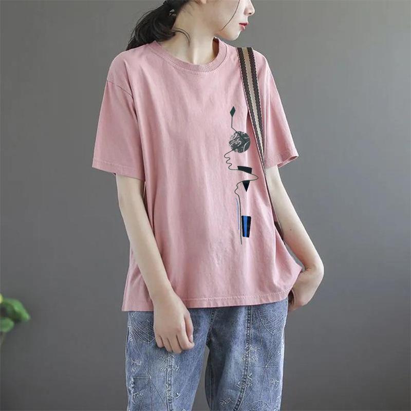 Short Sleeved Women's Summer Korean Round Neck Printed Geometric Large Loose Pullover Casual T-shirts Tops
