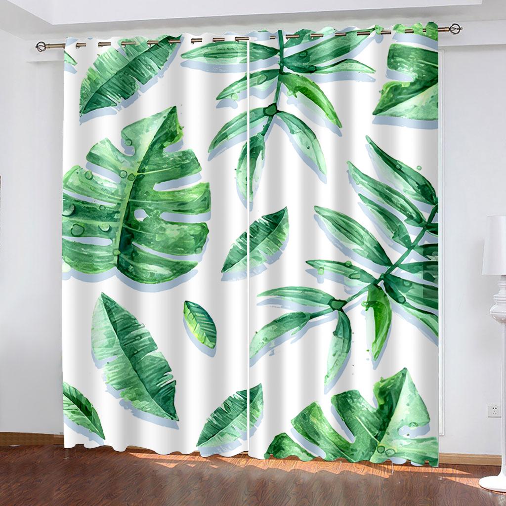 Tropical Leaf Printing Woven Curtains Two Separate Curtains on The Left and Right of The Bedroom  Blackout Curtains