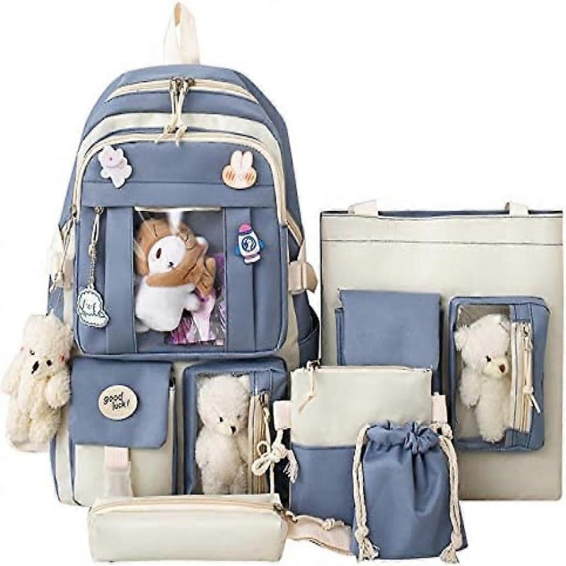 5Pcs Kawaii Backpack Casual Bags Cute Aesthetic Backpacks with Tote Handbag Pencil Pen Case Pouch,with Cute Bear Pendant Pins (Blue)