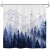Misty Mountain Shower Curtain - Navy Forest Pine Tree Foggy Landscape with Snow-Capped Mountains & Birds, 72x72 Inch Fabric Bath