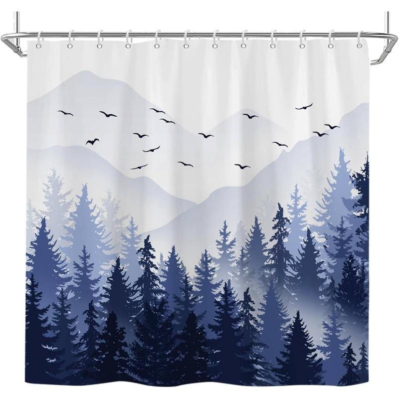 Misty Mountain Shower Curtain - Navy Forest Pine Tree Foggy Landscape with Snow-Capped Mountains & Birds, 72x72 Inch Fabric Bath