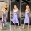HOUZHOU Satin Silk Skirt Women Solid Purple High Waisted Summer Midi Skirt Elegant Chic Office Ladies Wear Trend